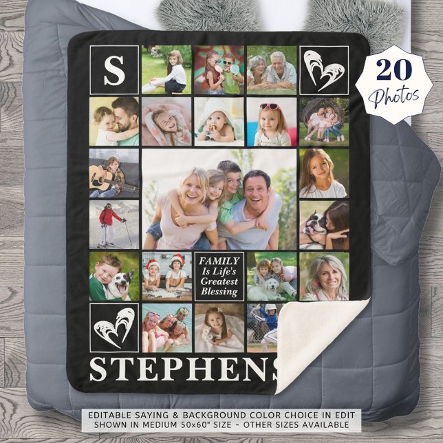 Family Name Monogram Quote Heart 20 Photo Collage Sherpa Blanket (Creator Uploaded)