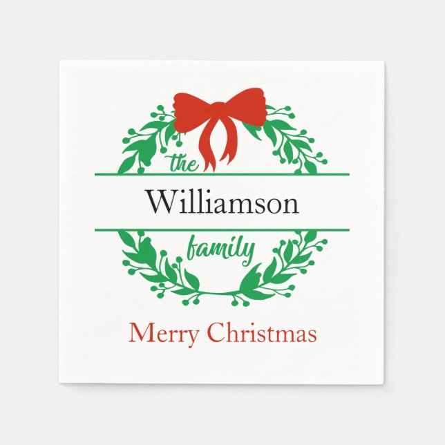 Family Name Monogram Red Green Christmas Napkins (Front)