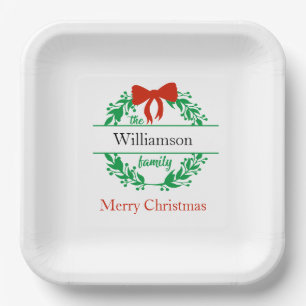 Family Name Monogram Red Green Christmas Paper Plates