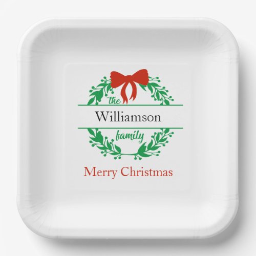 Family Name Monogram Red Green Christmas  Paper Plates