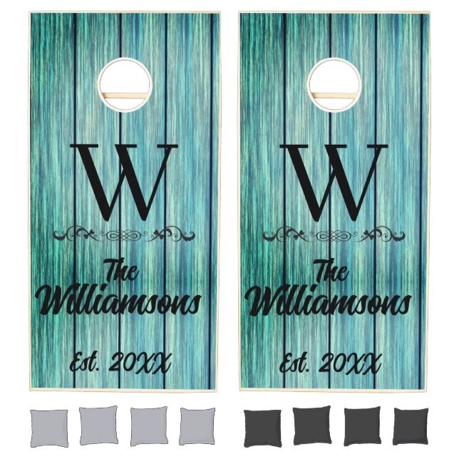 Family Name Monogram Rustic Blue Wood  Cornhole Set (Set)