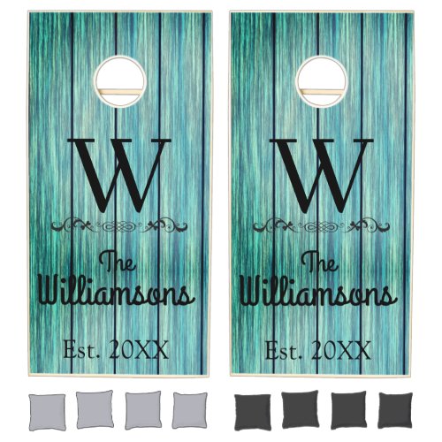 Family Name Monogram Rustic Blue Wood  Cornhole Set