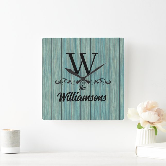 Family Name Monogram Rustic Blue Wood Wall Clock (Home)