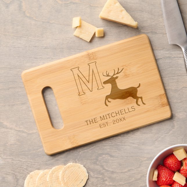 Family Name Monogram Rustic Deer Silhouette Engraved Cutting Board (Cheese)