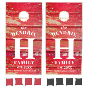 Family Name Monogram Rustic Red Barn Wood Cornhole Set