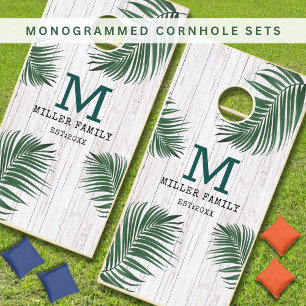 Family Name Monogram Tropical Leaves White Wood Cornhole Set