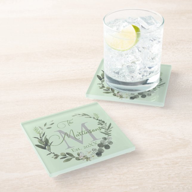 Family Name Monogram Watercolor Botanical Glass Coaster (Angled)