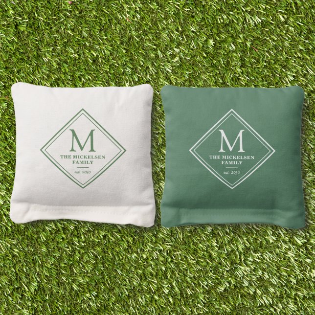 Family Name Monogram White Green Cornhole Bags (Grass)