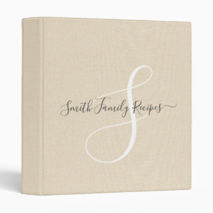Family Name Monogram White Script Cream Faux Linen 3 Ring Binder