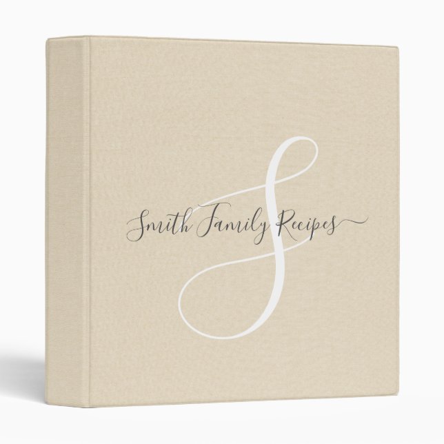 Family Name Monogram White Script Cream Faux Linen 3 Ring Binder (Front/Spine)