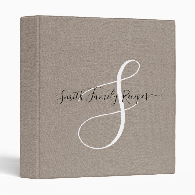 Family Name Monogram White Script  Faux Linen  3 Ring Binder (Front/Spine)