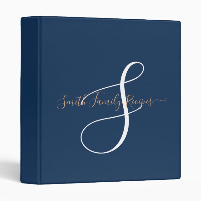 Family Name Monogram White Script Navy Blue 3 Ring Binder (Front/Spine)