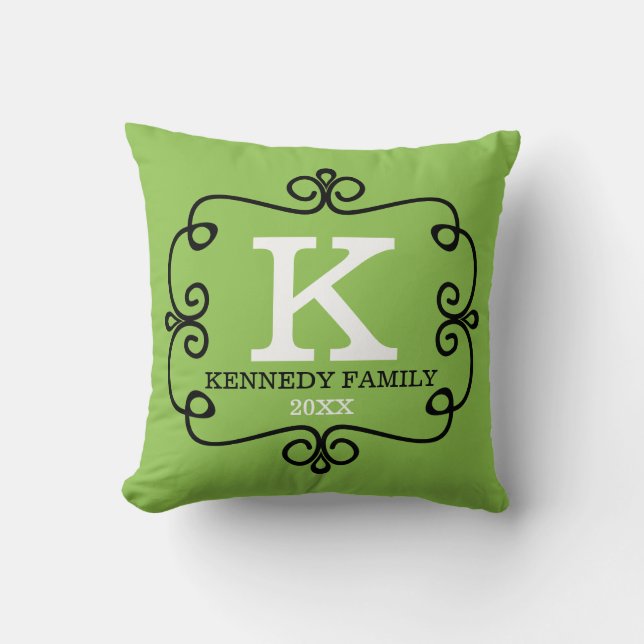 Family Name Monogrammed Lime Green Throw Pillow (Front)
