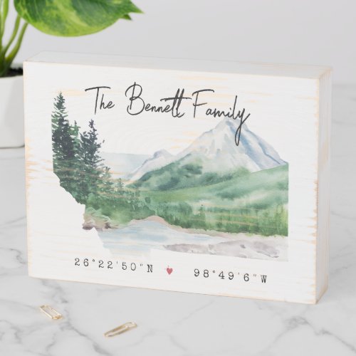Family Name  Montana State Map Coordinates Wooden Box Sign