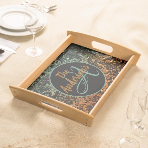 Family Name Moody Black Floral Monogram   Serving Tray