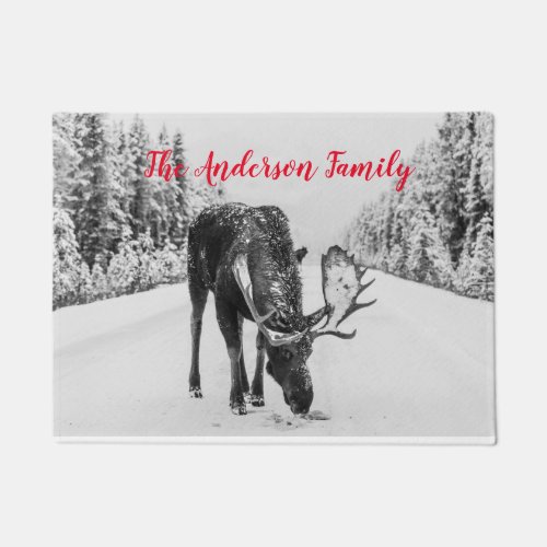 Family Name Moose In Snow Doormat