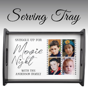 Family name movie night 4 photo white grey serving tray