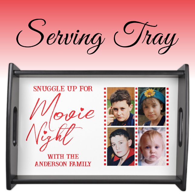 Family name movie night 4 photo white red serving tray (Creator Uploaded)