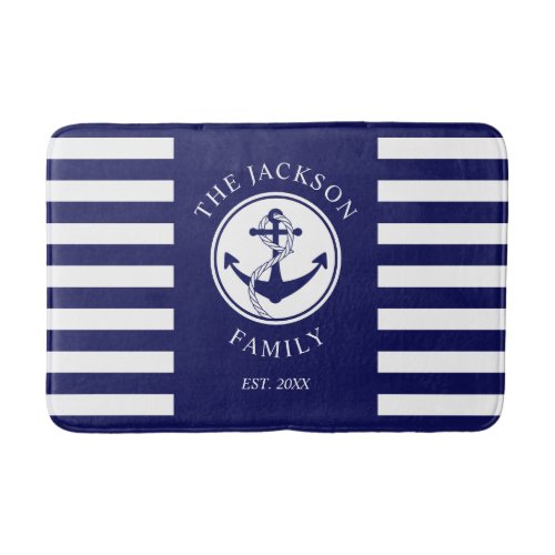 Family Name Nautical Anchor Blue Stripes Pattern Bath Mat