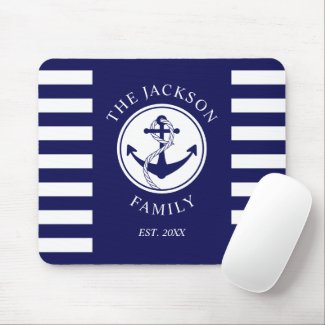 Family Name Nautical Anchor Blue Stripes Pattern