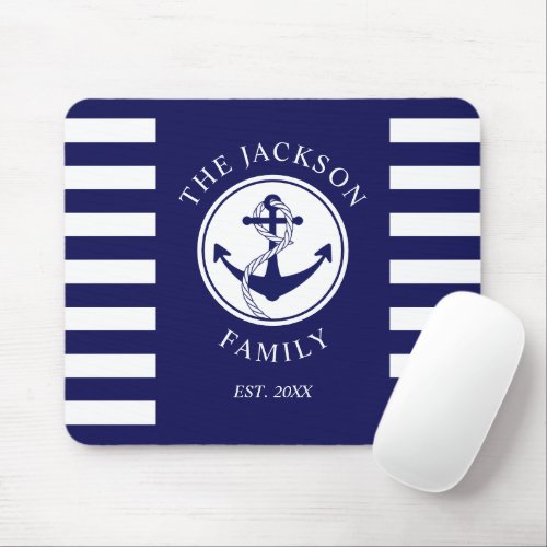 Family Name Nautical Anchor Blue Stripes Pattern Mouse Pad