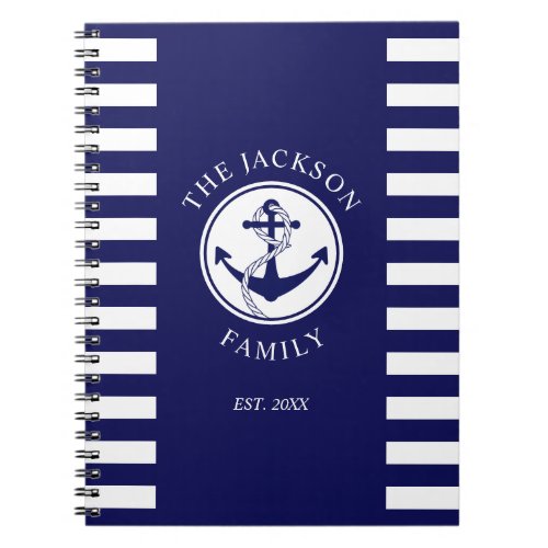 Family Name Nautical Anchor Blue Stripes Pattern Notebook