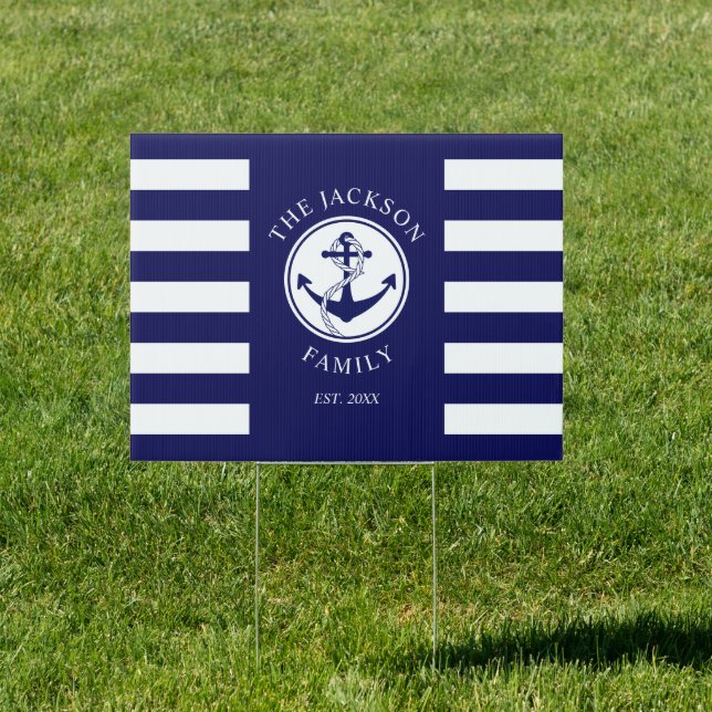 Family Name Nautical Anchor Blue Stripes Pattern Sign (Insitu)