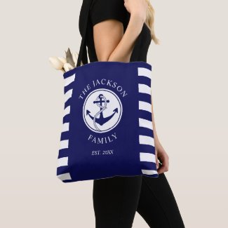 Family Name Nautical Anchor Blue Stripes Pattern