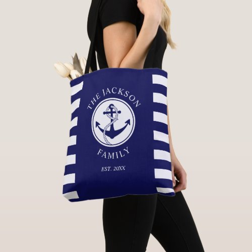 Family Name Nautical Anchor Blue Stripes Pattern Tote Bag