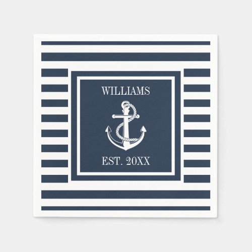 Family Name Nautical Anchor Boat Navy Blue Stripe Napkins