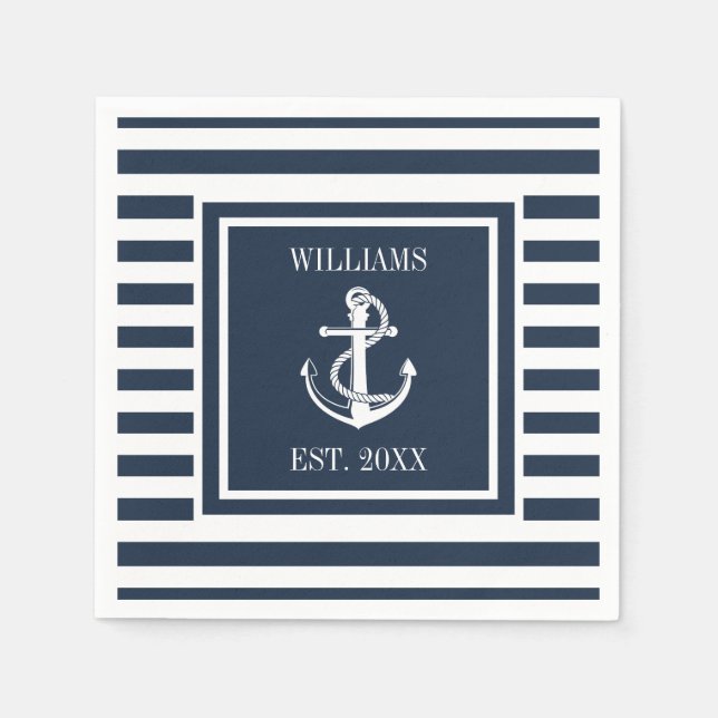 Family Name Nautical Anchor Boat Navy Blue Stripe Napkins (Front)