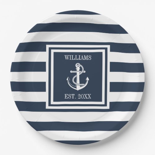 Family Name Nautical Anchor Boat Navy Blue Stripe Paper Plates