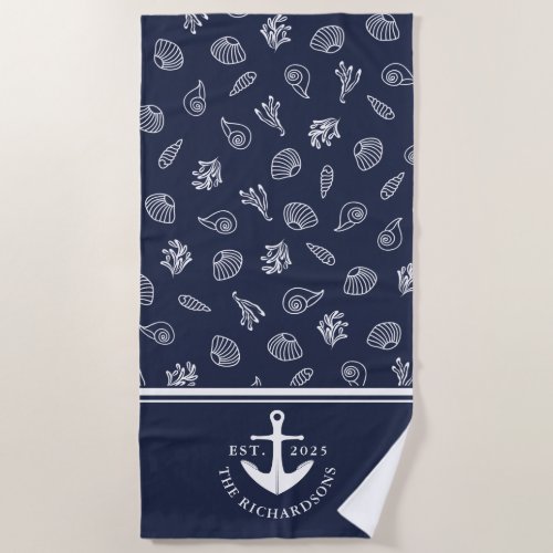 Family Name Nautical Anchor Coastal Navy Blue Beach Towel