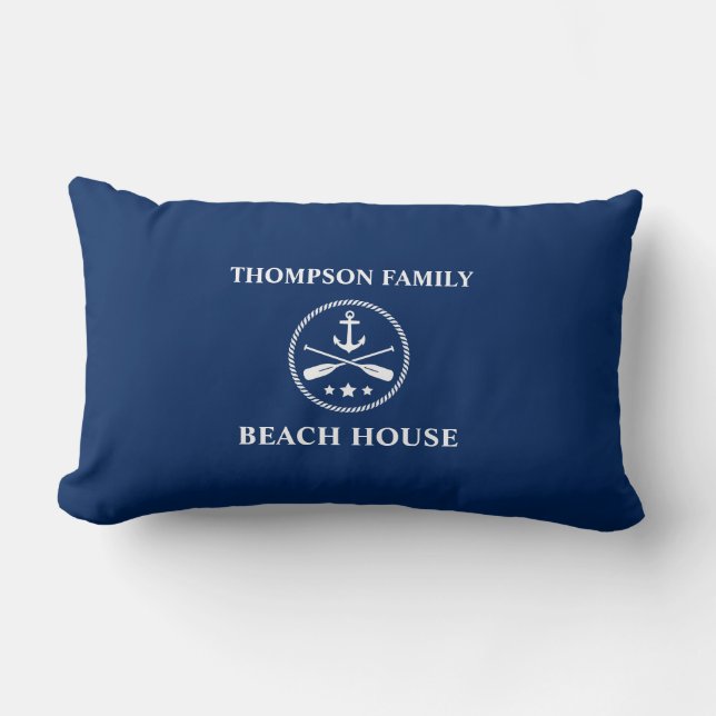 Family Name Nautical Anchor & Crossed Oars Navy Lumbar Pillow (Front)