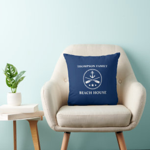 Family Name Nautical Anchor & Crossed Oars Navy Throw Pillow