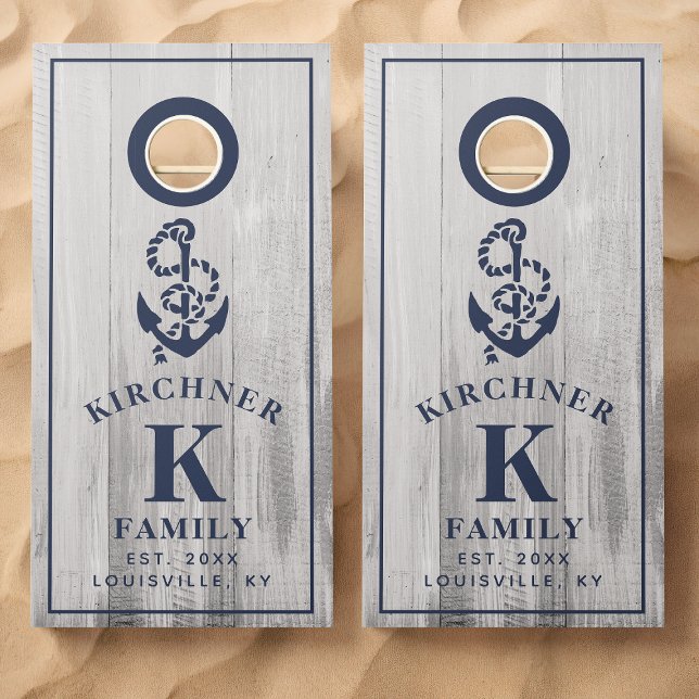 Family Name Nautical Anchor Rustic Wood Monogram Cornhole Set (Creator Uploaded)