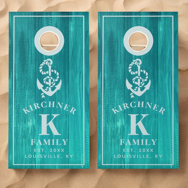 Family Name Nautical Anchor Rustic Wood Monogram Cornhole Set (Creator Uploaded)