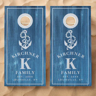 Family Name Nautical Anchor Rustic Wood Monogram Cornhole Set