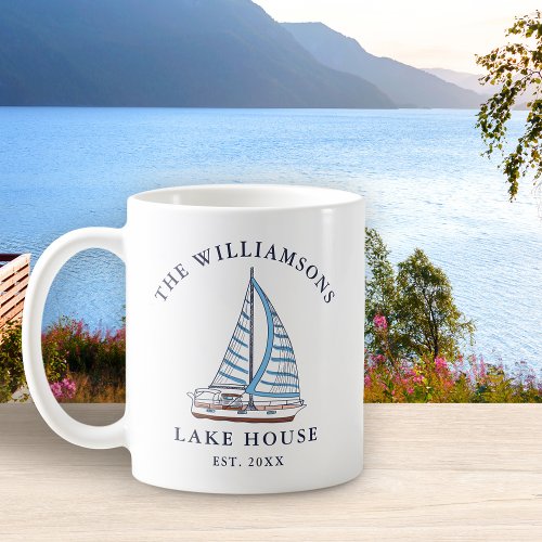 Family Name Nautical Blue Sails Boat Lake House Coffee Mug