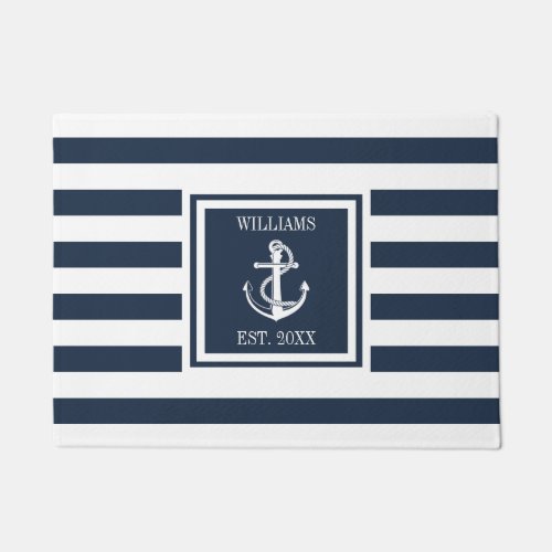Family Name Nautical Boat Anchor Navy Blue Stripe Doormat