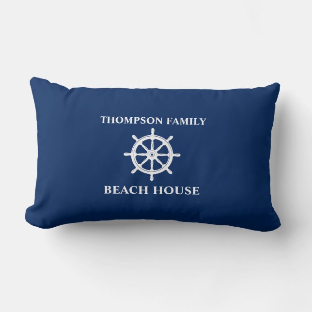 Family Name Nautical Ships Wheel Helm Navy Blue Lumbar Pillow (Front)