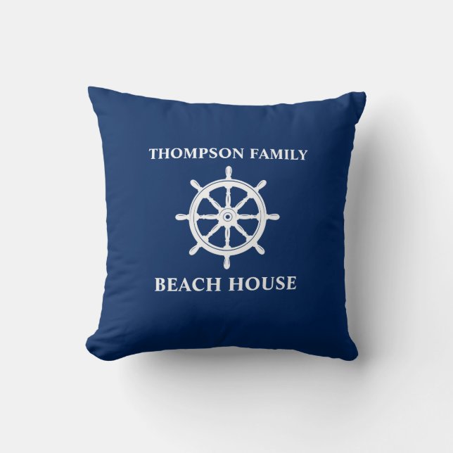 Family Name Nautical Ships Wheel Helm Navy Blue Throw Pillow (Front)