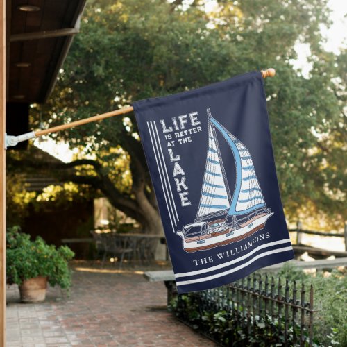 Family Name Navy Blue and White Nautical Lake House Flag