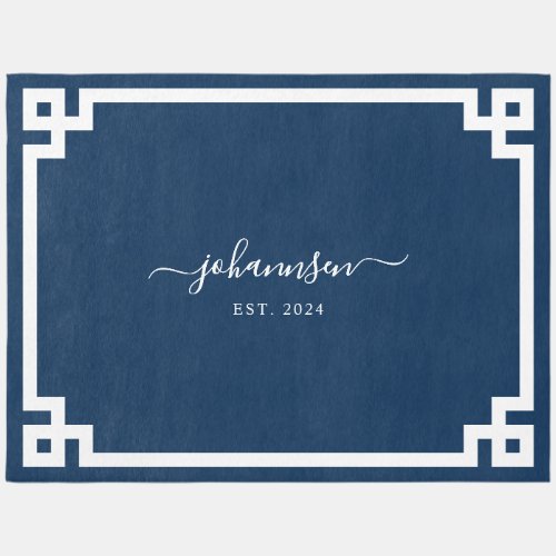 Family Name Navy Blue Greek Key Border Rug