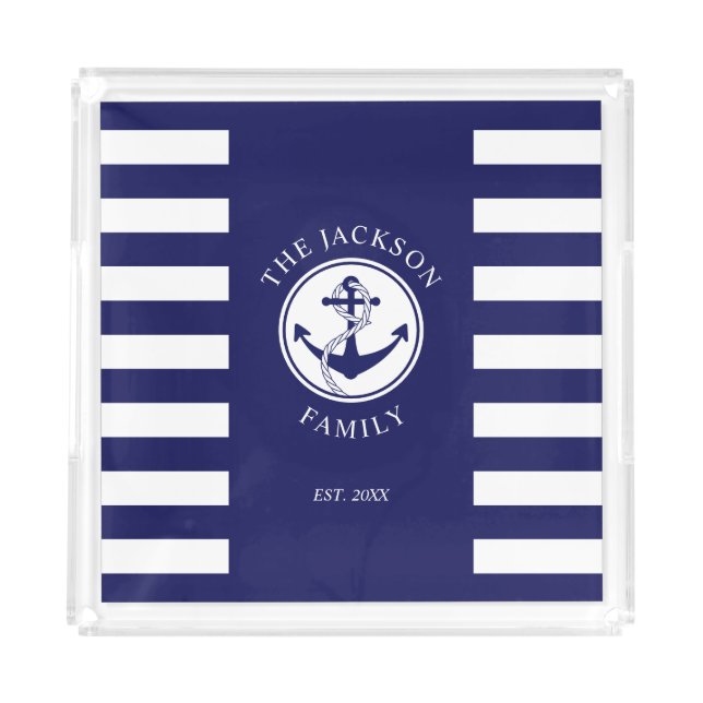 Family Name Navy Blue Nautical Anchor Acrylic Tray (Front)