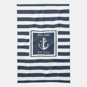 Family Name Navy Blue Stripe Nautical Anchor Boat Kitchen Towel