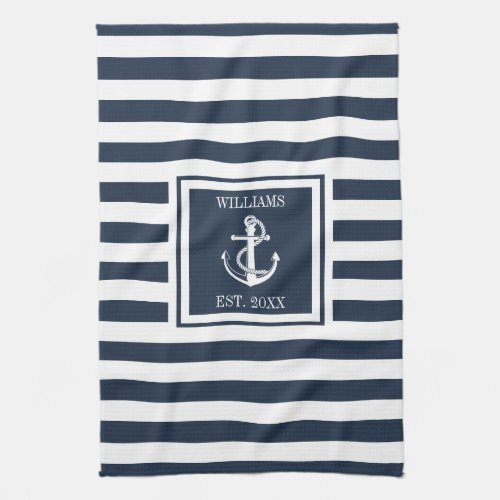 Family Name Navy Blue Stripe Nautical Anchor Boat Kitchen Towel