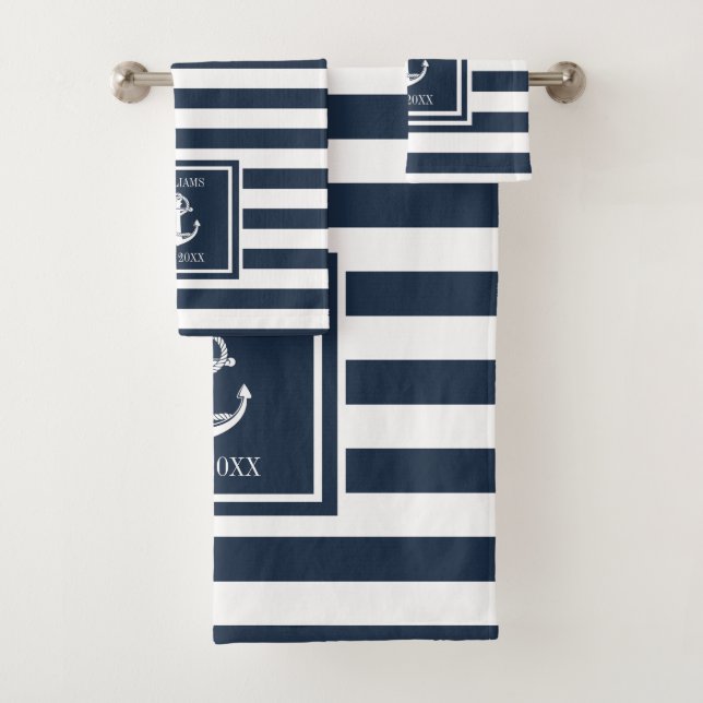 Family Name Navy Blue Stripe Nautical Boat Anchor Bath Towel Set (Insitu)