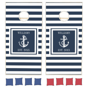 Family Name Navy Blue Stripe Nautical Boat Anchor Cornhole Set