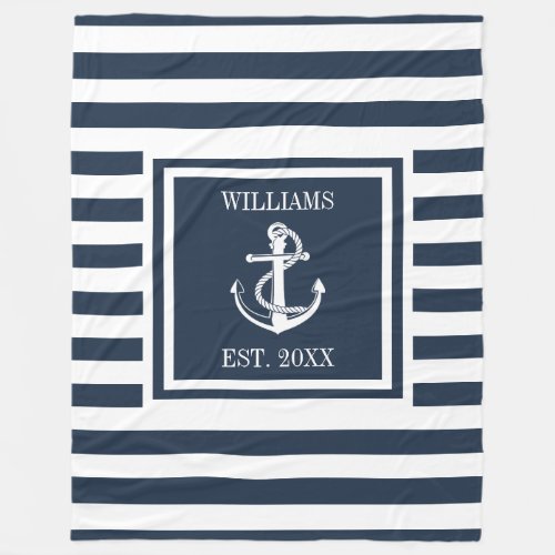 Family Name Navy Blue Striped Nautical Anchor Boat Fleece Blanket